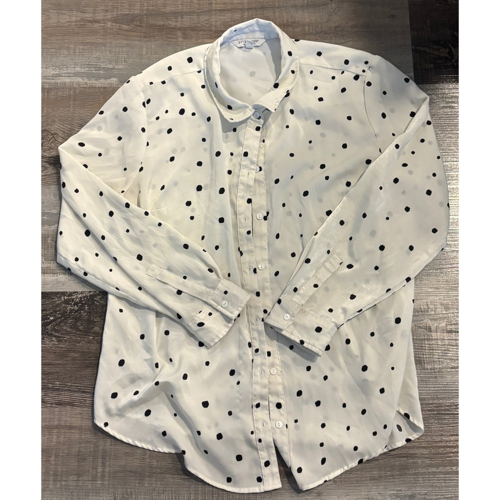Liverpool Los Angeles Polka Dot Button Down Shirt Ivory Black XL Satin Top